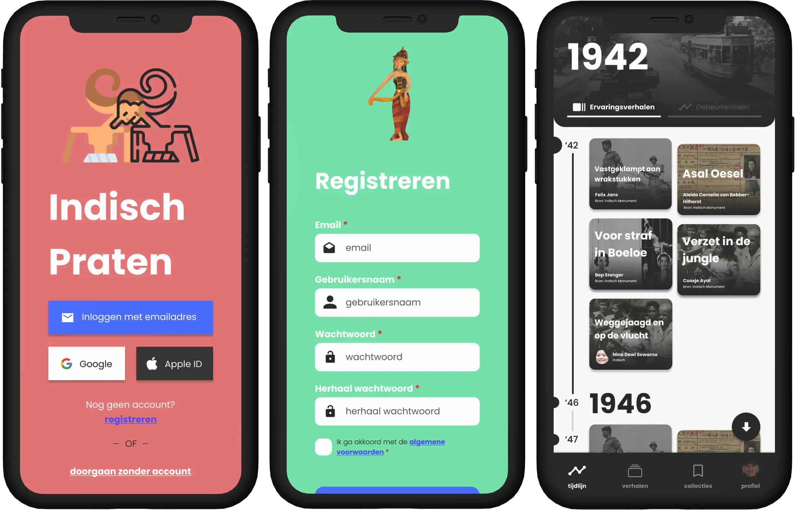 Image of an app prototype I designed called Indisch Zwijgen