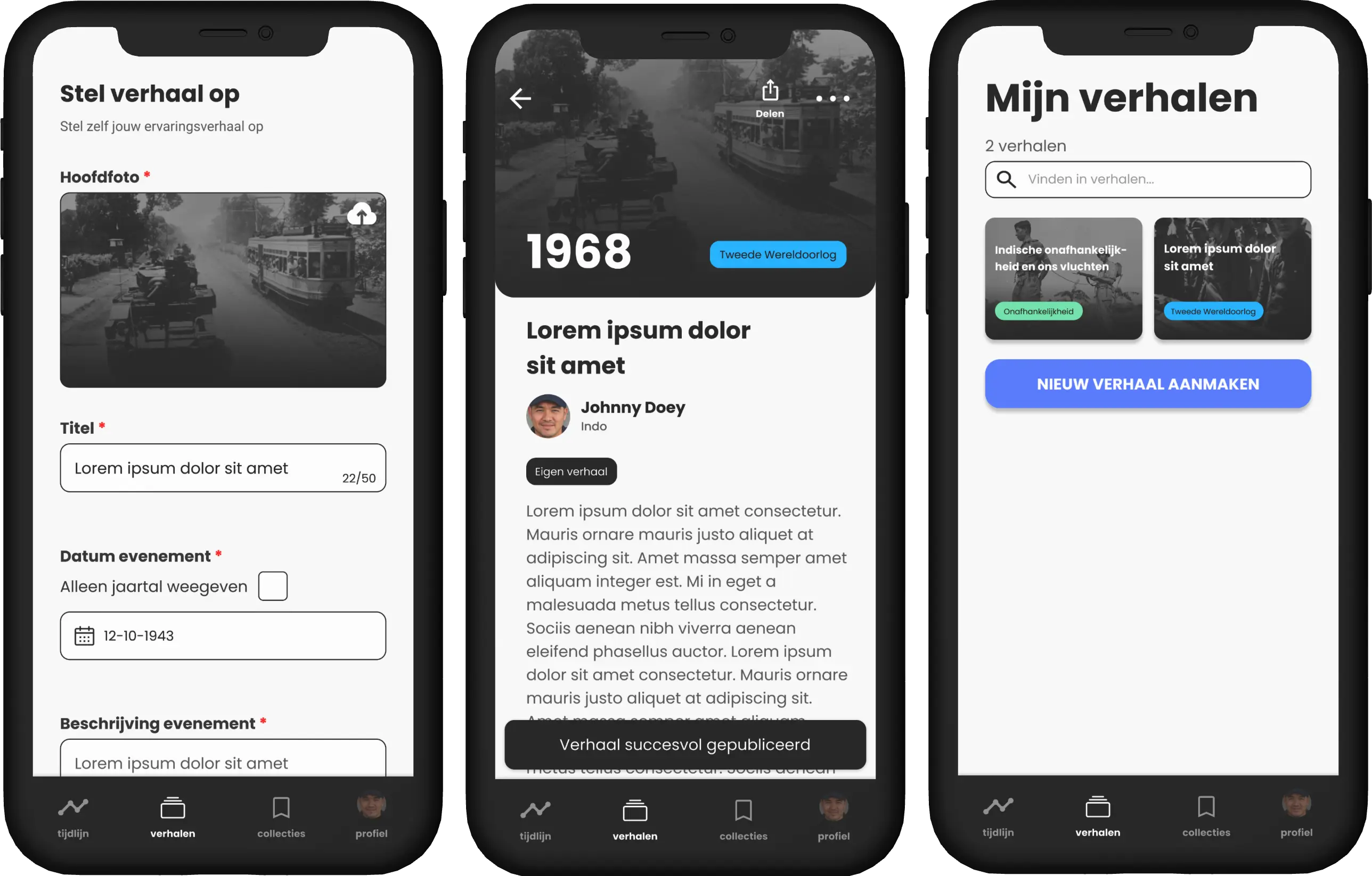Image of an app prototype I designed called Indisch Zwijgen